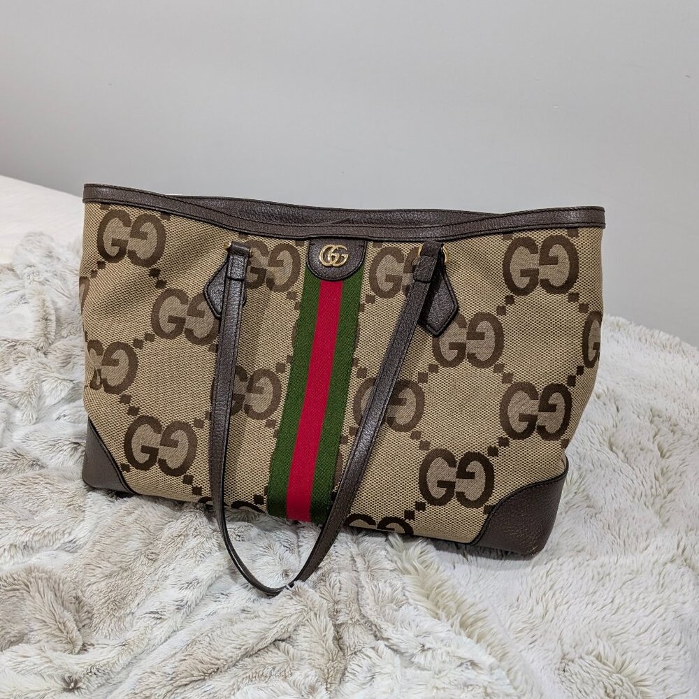 Authentic Gucci Ophidia Jumbo GG Medium Tote in Camel/Ebony